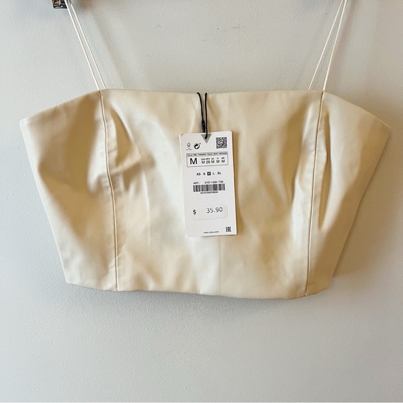 ZARA ECRU Beige FAUX LEATHER CROP TOP Spaghetti Straps Size Medium NEW - Picture 2 of 9